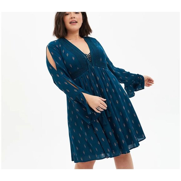 torrid Dresses & Skirts - Torrid Teal Blue Print Motif Gauze Lace-Up Boho Peasant Dress 0X (12)